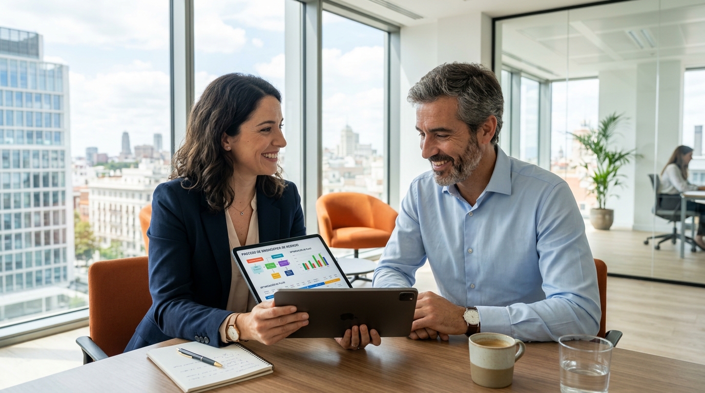 Consultora y Empresario Español analizando métricas de diagnóstico en Madrid
